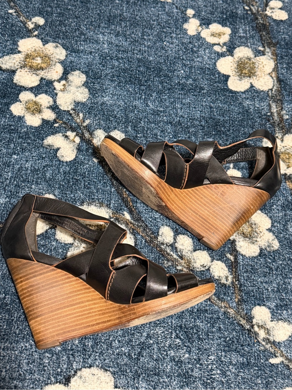 Cole Haan Black Leather Crisscross Wedge Sandals with Wood-Look Heel